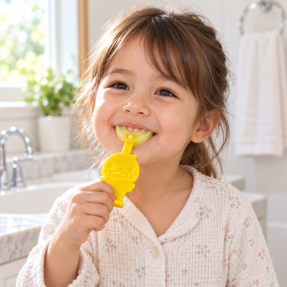 A happy child holds a yellow duck-shaped U-shaped toothbrush in their mouth, looking directly at the camera.