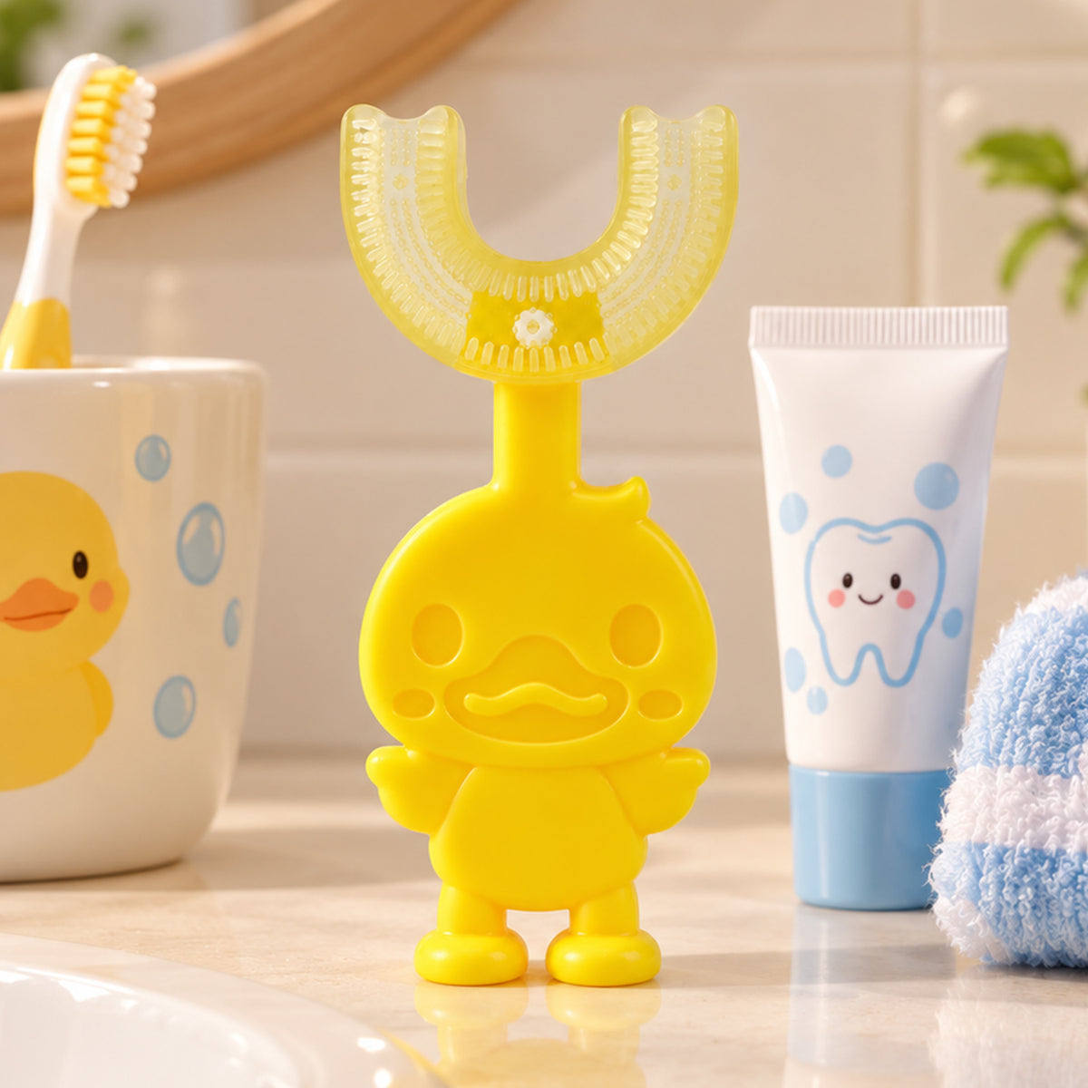 A yellow duck-shaped U-shaped toothbrush stands on a bathroom counter next to toothpaste and a cup.