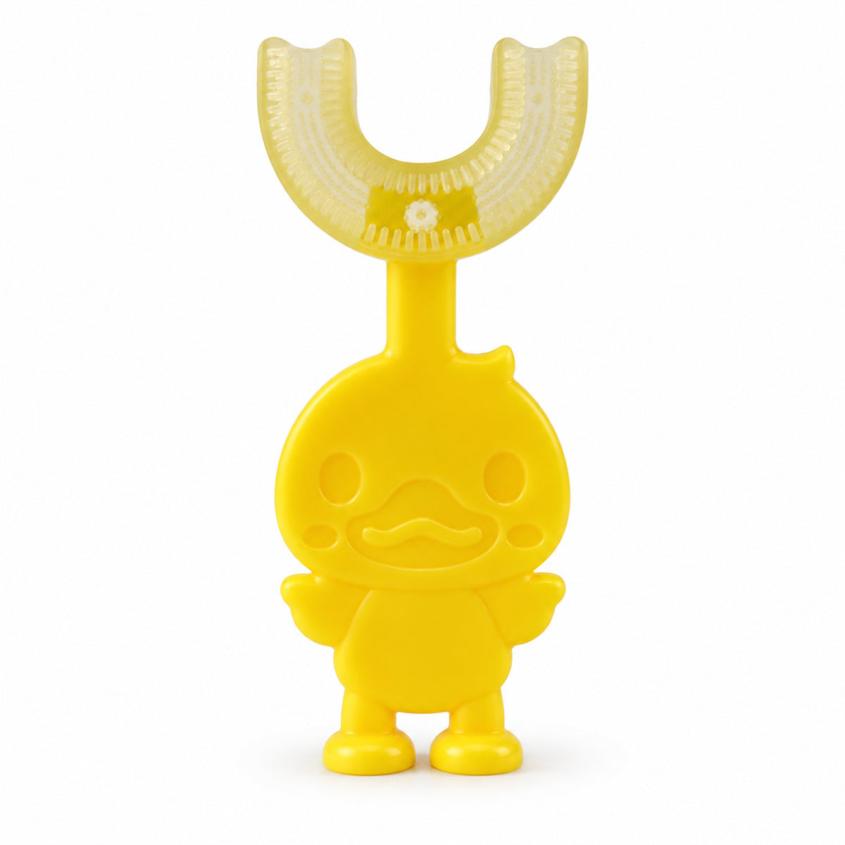 A bright yellow duck-shaped U-shaped toothbrush with translucent bristles on a pure white background.