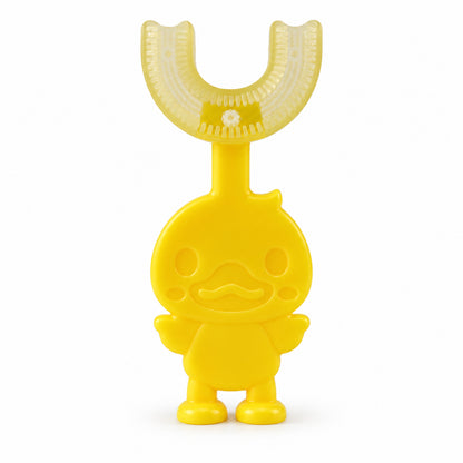 A bright yellow duck-shaped U-shaped toothbrush with translucent bristles on a pure white background.