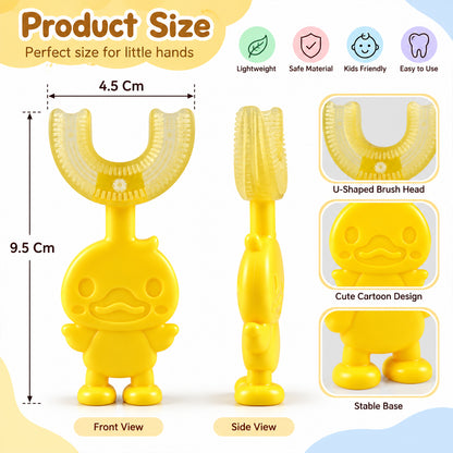 An infographic displays front and side views of the yellow duck toothbrush with dimensions and features.