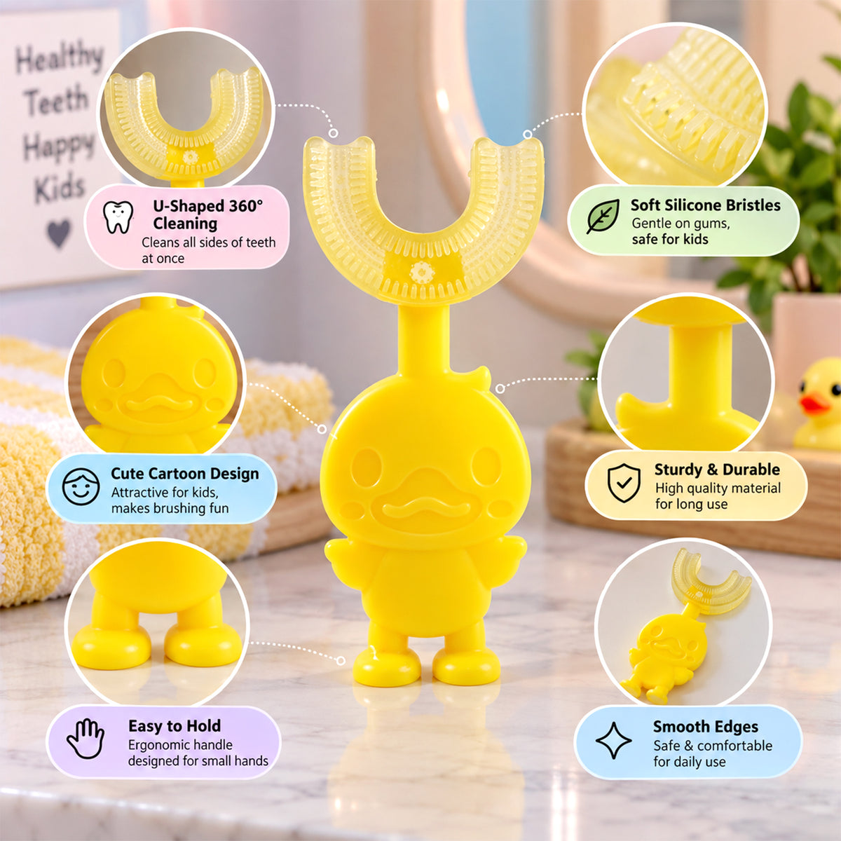 An infographic highlights the features of the yellow duck toothbrush, including its U-shape and soft bristles.