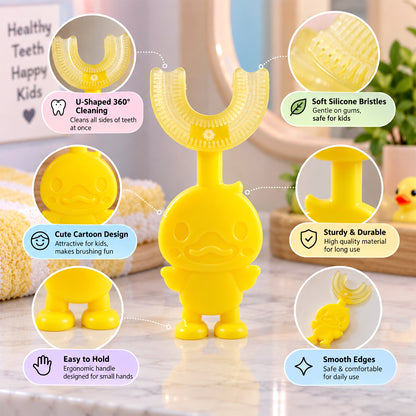 An infographic highlights the features of the yellow duck toothbrush, including its U-shape and soft bristles.