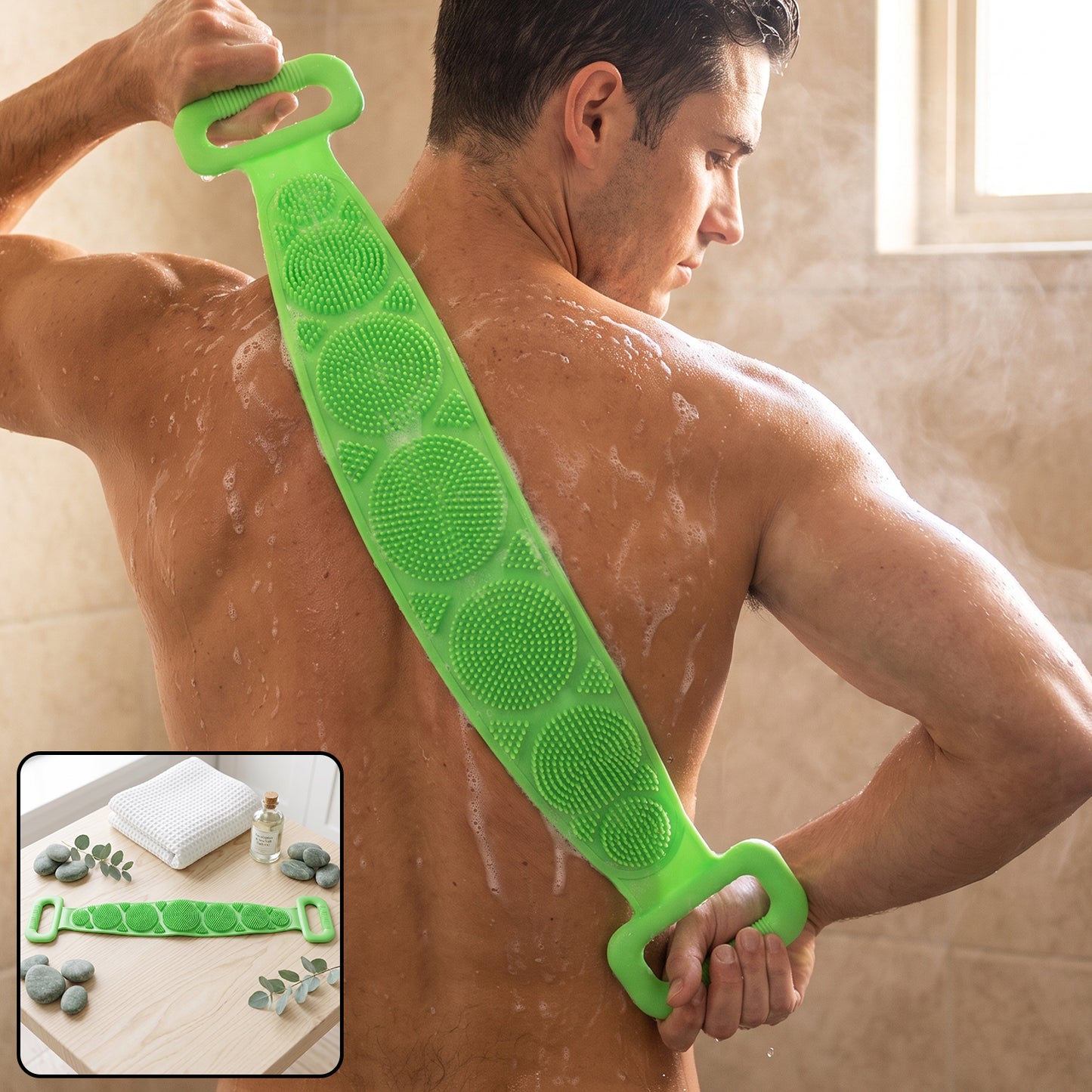 Silicone Body Scrubber Bath Belt Back Cleaning Strap with Handles (1 Pc)
