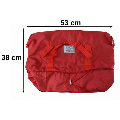 Side view of red travel tote bag