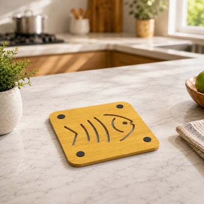 Square wooden fish-design coaster trivet 10