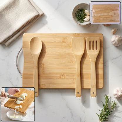 Wooden Cutting Board Combo Set with Bamboo Spoon Spatula and Turner (4 Pc Set)