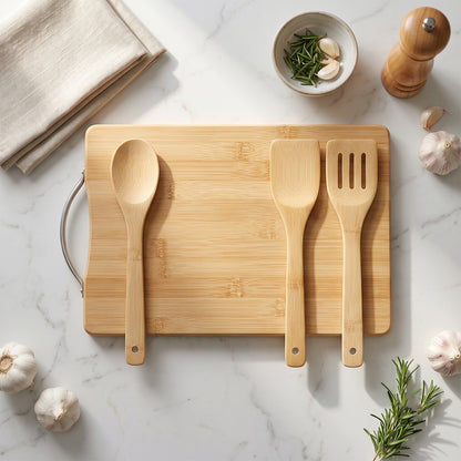 Wooden Cutting Board Combo Set with Bamboo Spoon Spatula and Turner (4 Pc Set)