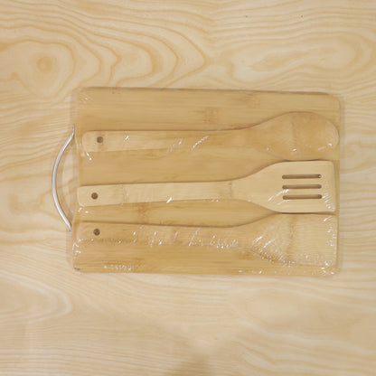 Wooden Cutting Board Combo Set with Bamboo Spoon Spatula and Turner (4 Pc Set)