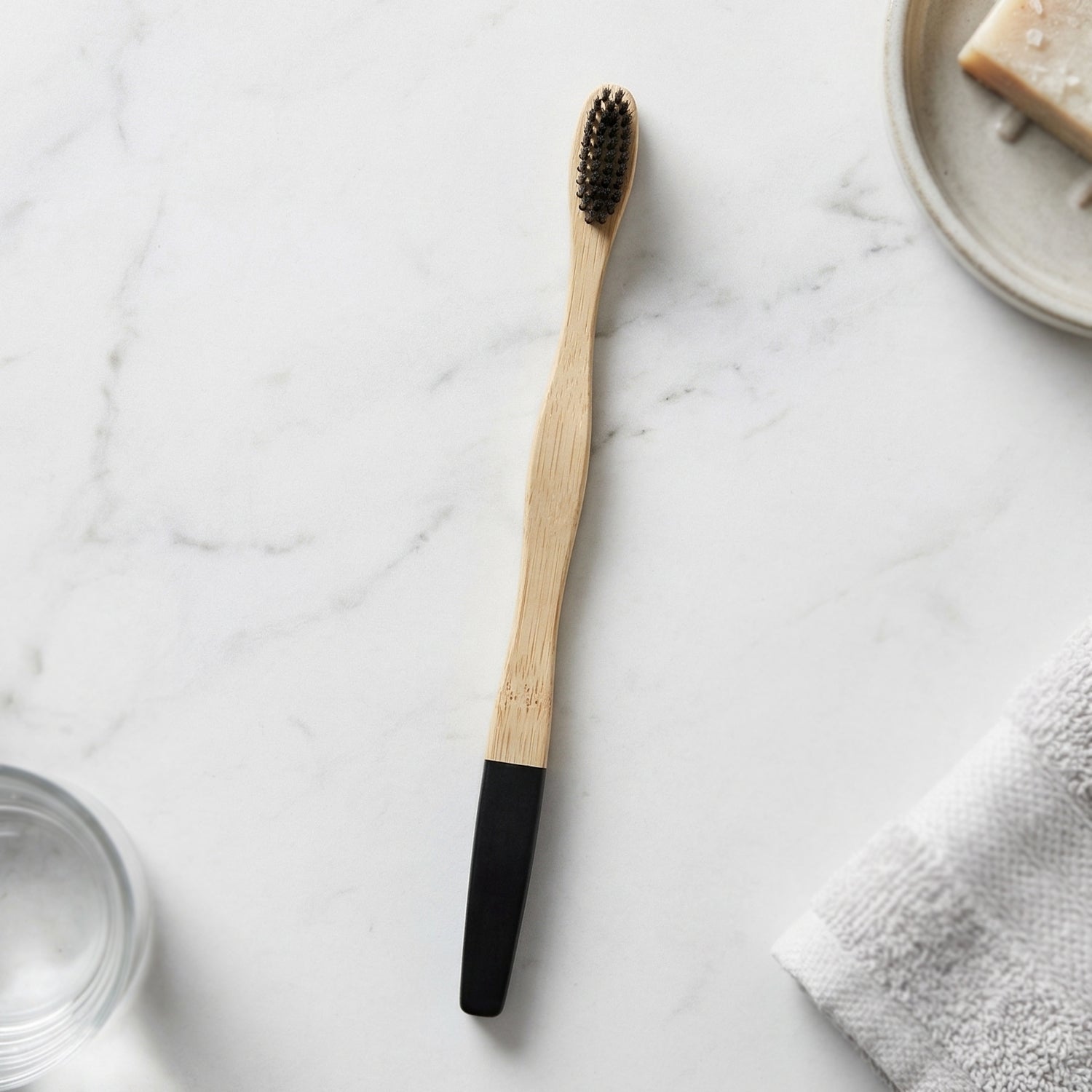 Close-up of bamboo toothbrush bristles