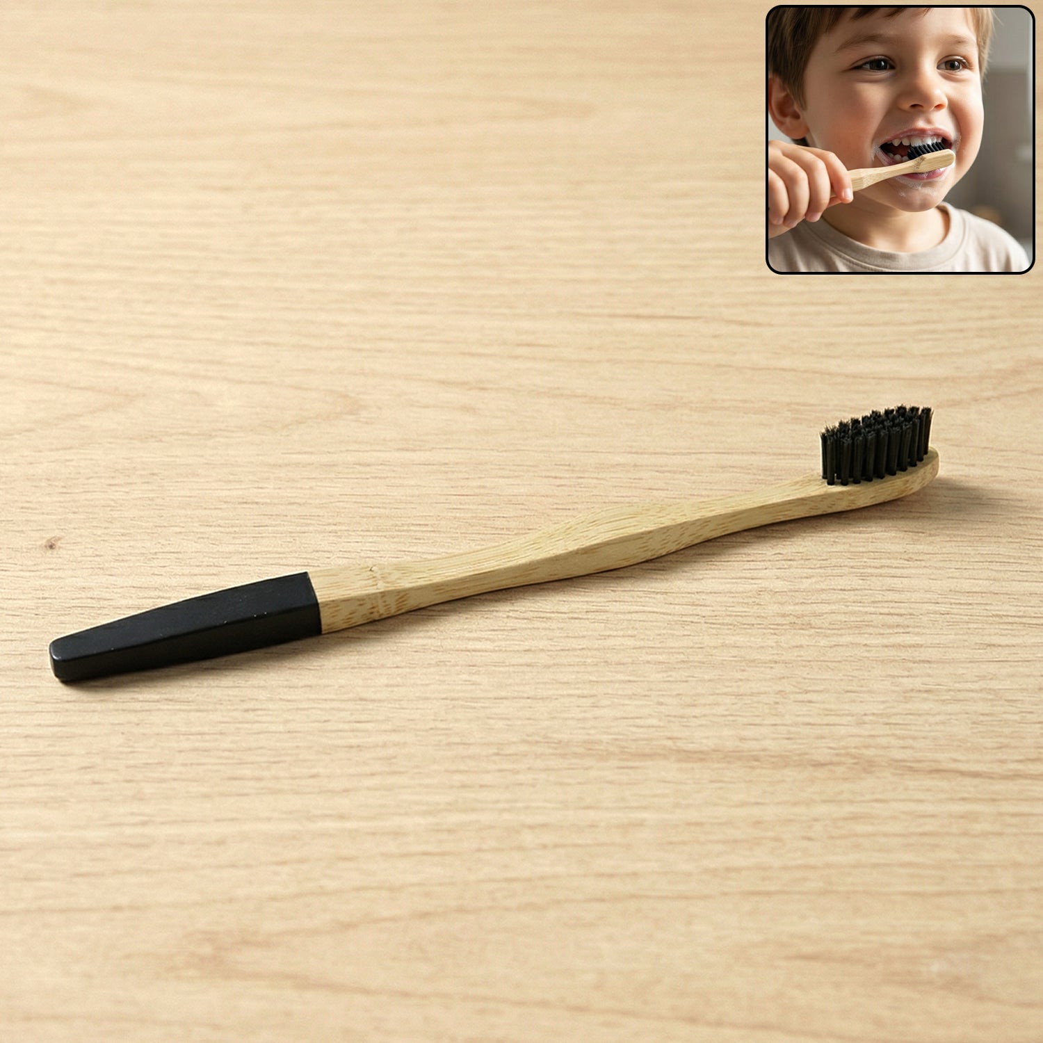 Natural bamboo toothbrush with soft charcoal bristles