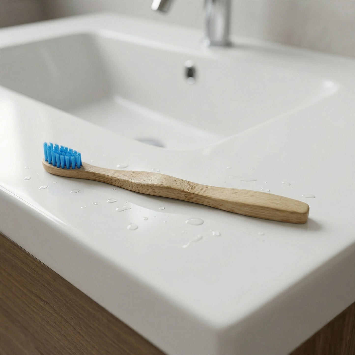 Wooden toothbrush angled view
