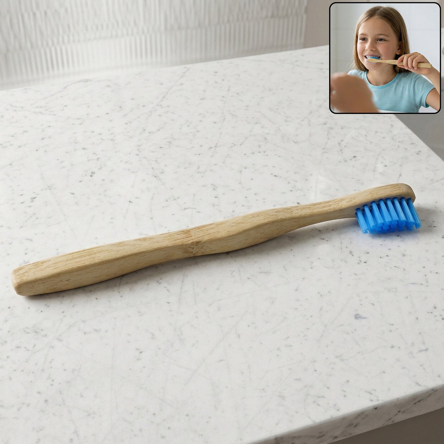 Wooden toothbrush with soft blue bristles