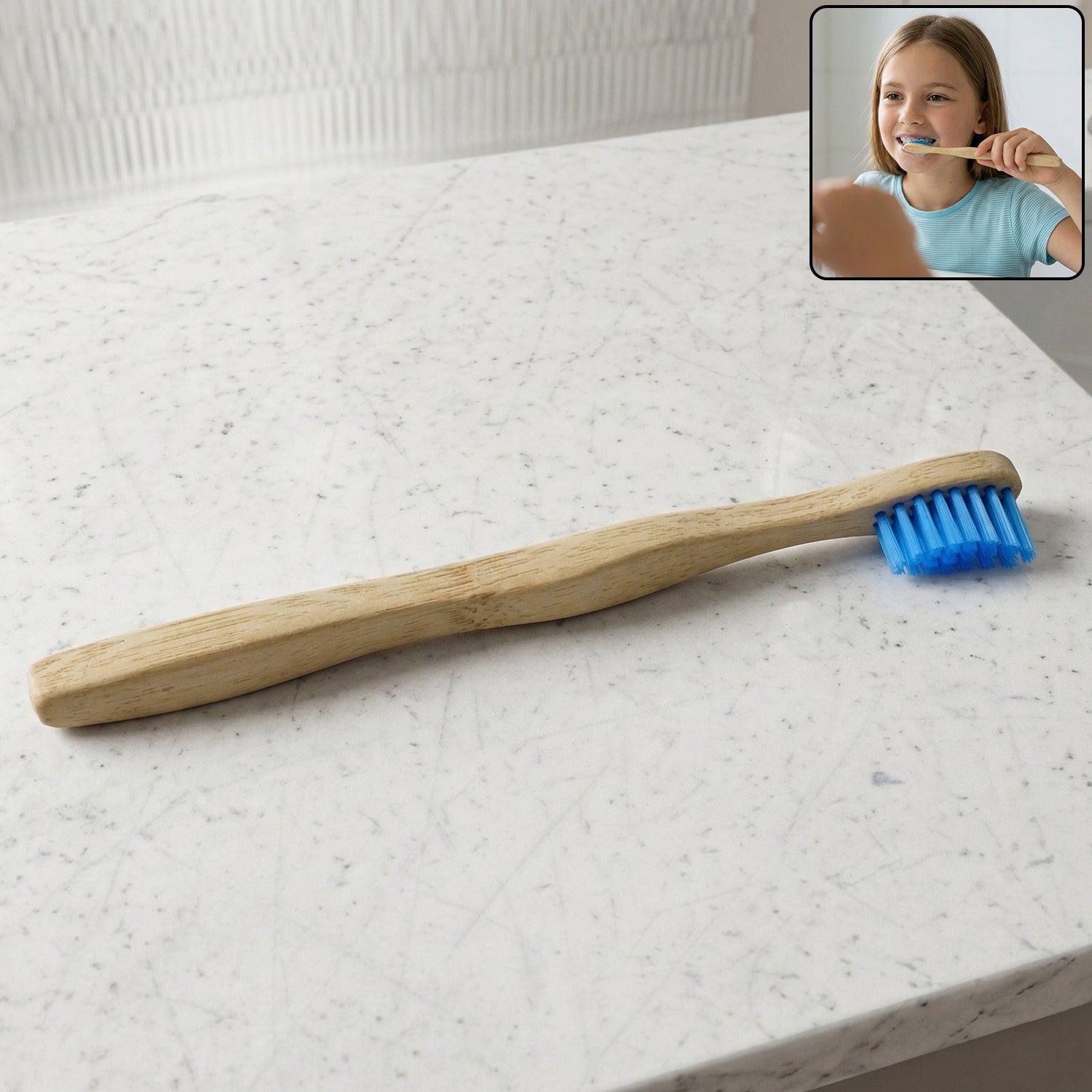 Wooden toothbrush with soft blue bristles