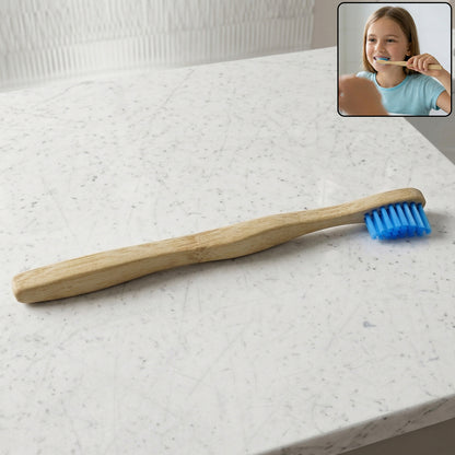 Wooden toothbrush with soft blue bristles