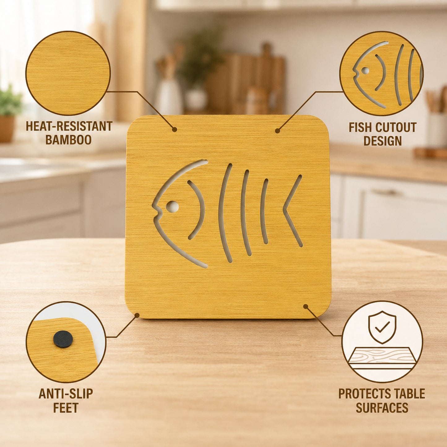 Square wooden fish-design coaster trivet 6