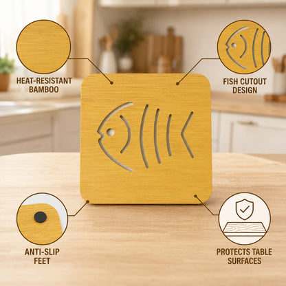 Square wooden fish-design coaster trivet 6