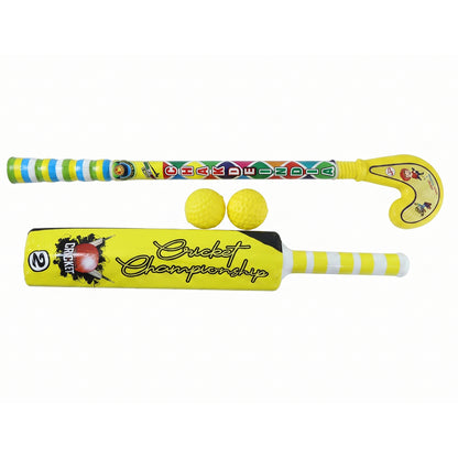 The complete junior cricket hockey set with colorful bat, ball, and hockey stick laid out.