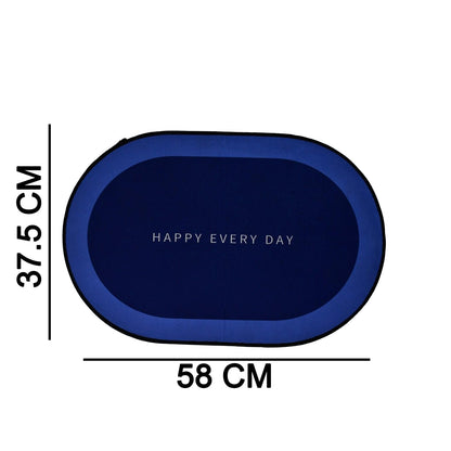 Size chart of bathroom mats with blue oval mat for reference