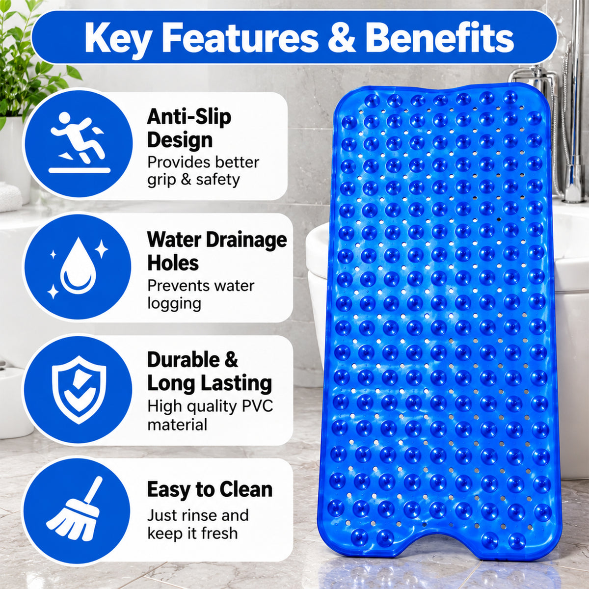 Anti Slip Bath Mat with Suction Cups for Bathroom Safety