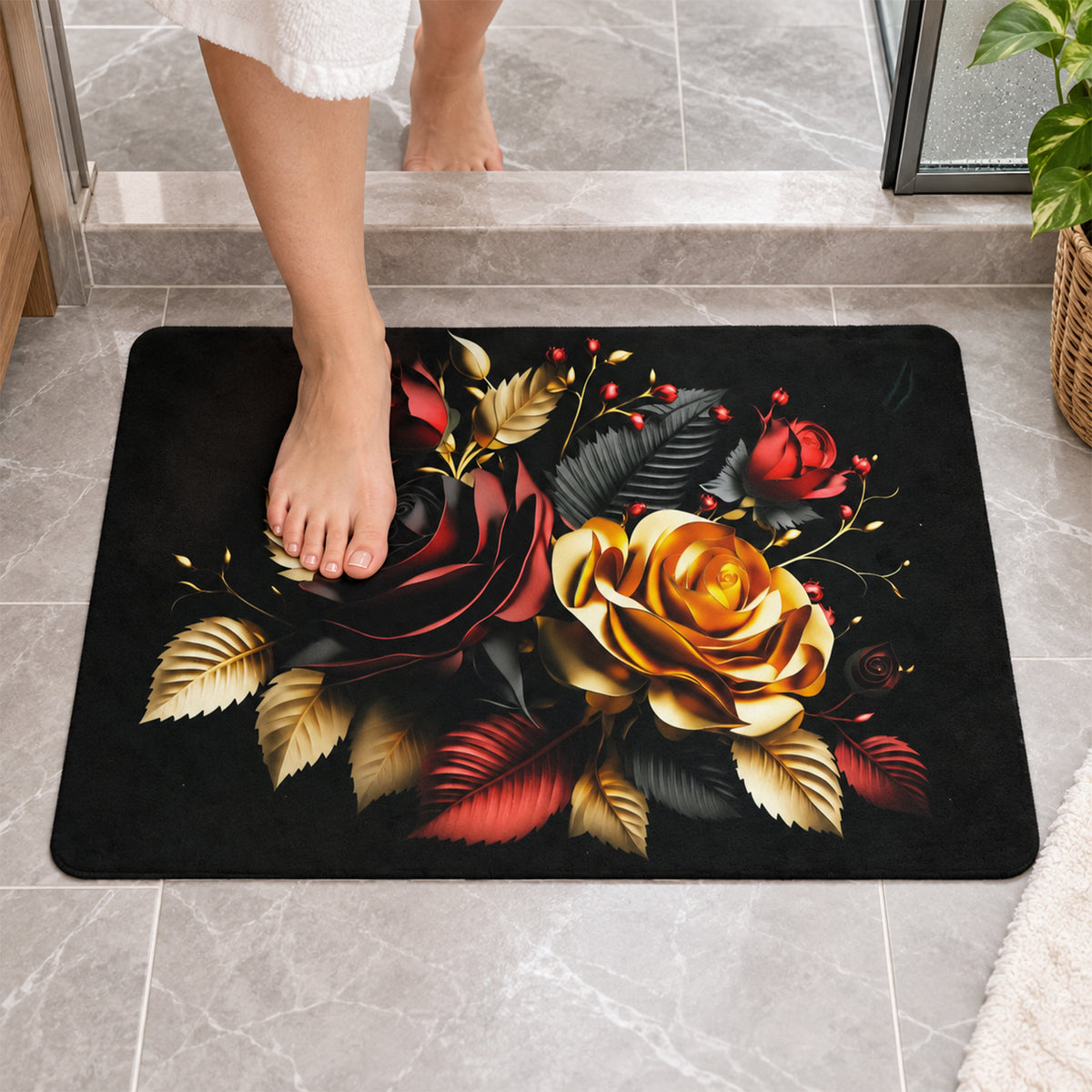 Decorative Floral Rose Print Bathroom Floor Mat for Indoor Use (1 Pc, 58x38 Cm)