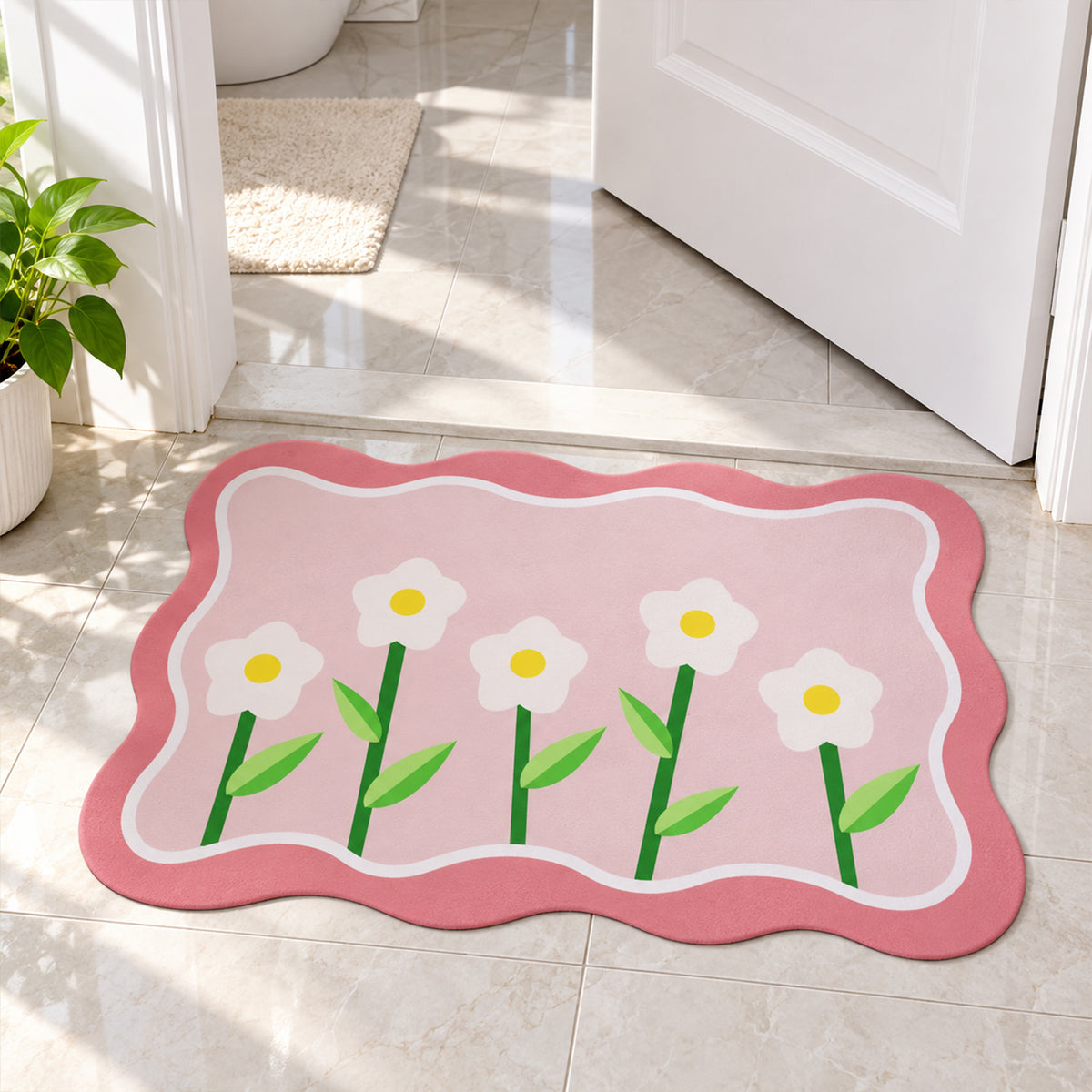 Decorative Floral Bathroom Floor Mat with a Wavy Border Design (1 Pc, 59x40 Cm)