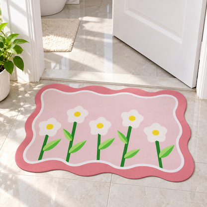 Decorative Floral Bathroom Floor Mat with a Wavy Border Design (1 Pc, 59x40 Cm)