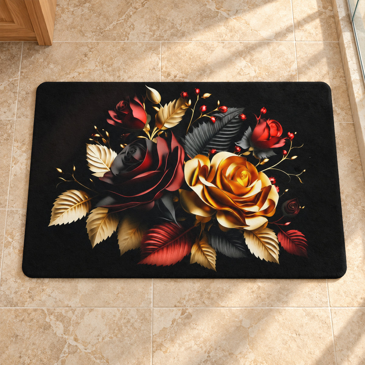 Decorative Floral Rose Print Bathroom Floor Mat for Indoor Use (1 Pc, 58x38 Cm)