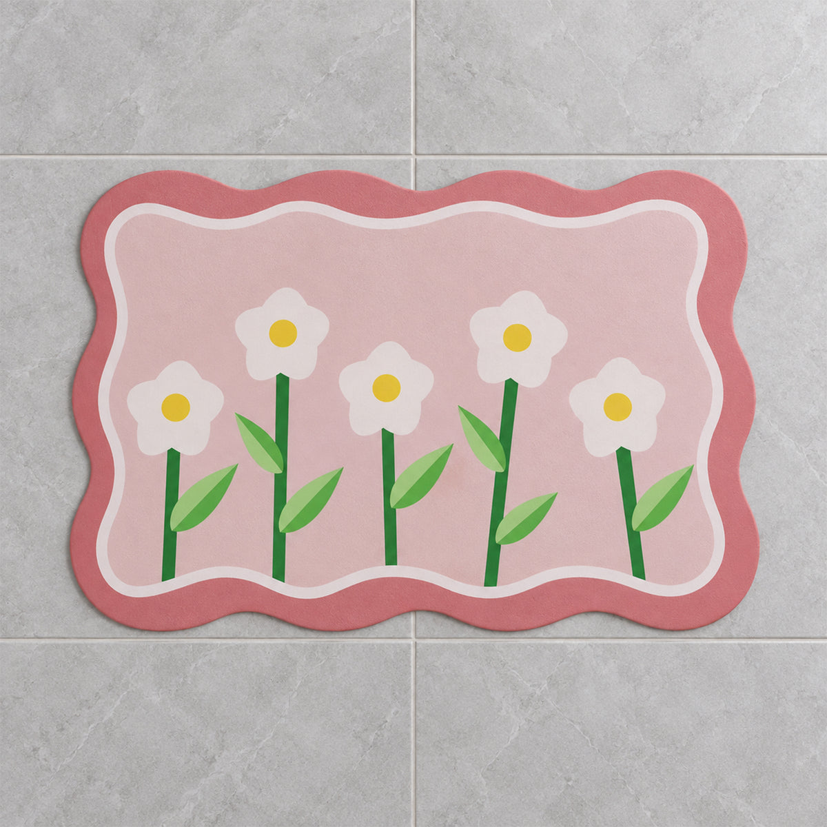 Decorative Floral Bathroom Floor Mat with a Wavy Border Design (1 Pc, 59x40 Cm)
