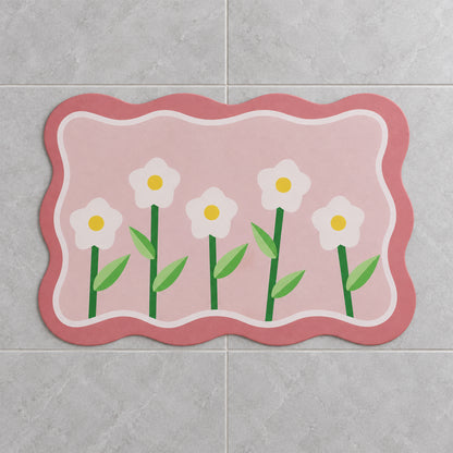 Decorative Floral Bathroom Floor Mat with a Wavy Border Design (1 Pc, 59x40 Cm)
