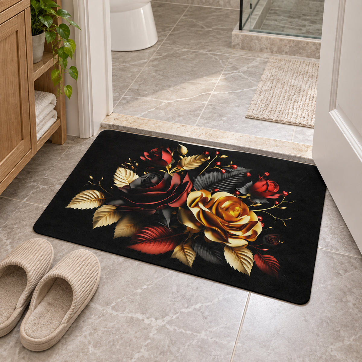 Decorative Floral Rose Print Bathroom Floor Mat for Indoor Use (1 Pc, 58x38 Cm)