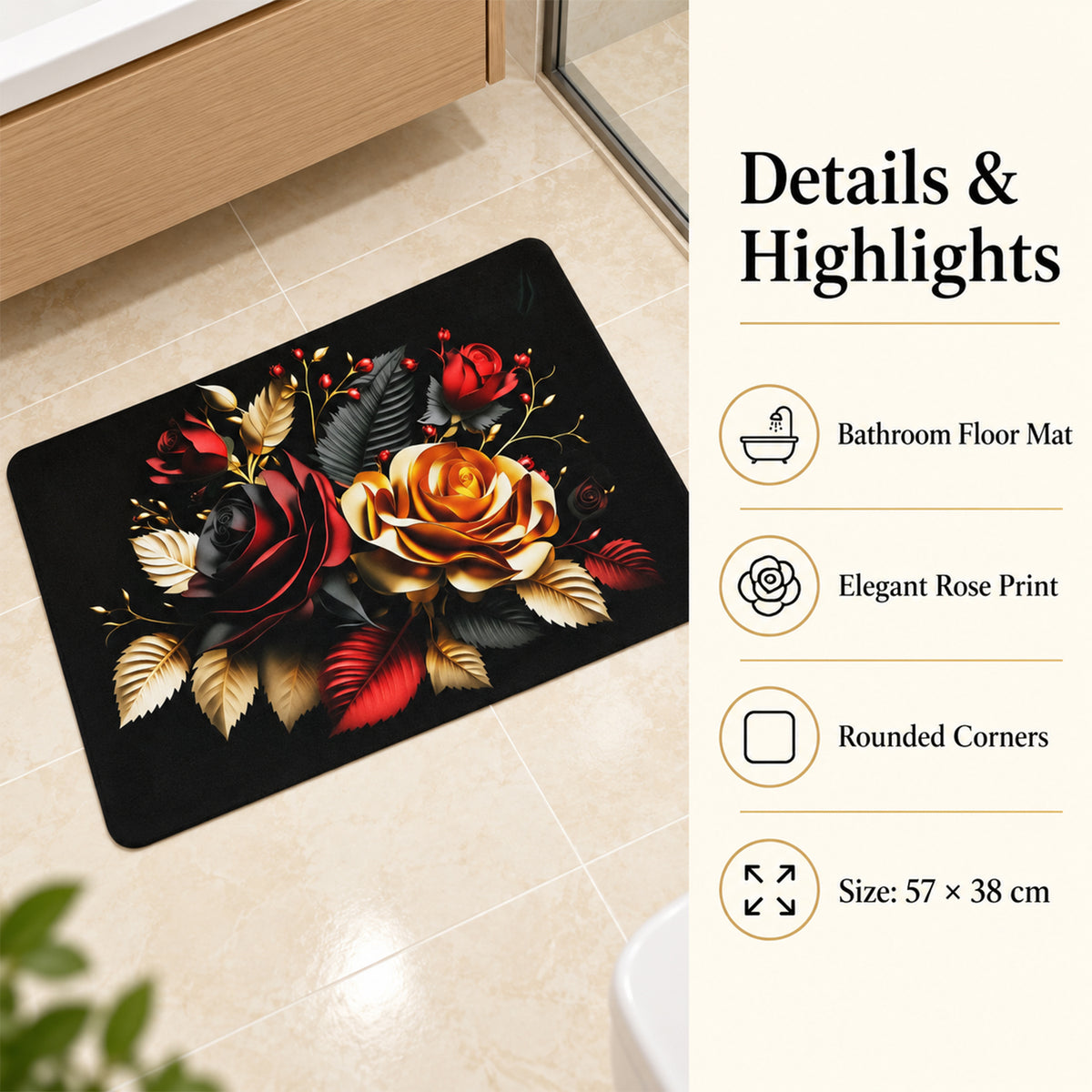 Decorative Floral Rose Print Bathroom Floor Mat for Indoor Use (1 Pc, 58x38 Cm)