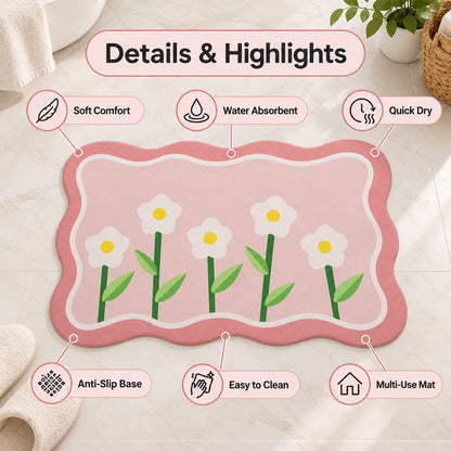Decorative Floral Bathroom Floor Mat with a Wavy Border Design (1 Pc, 59x40 Cm)
