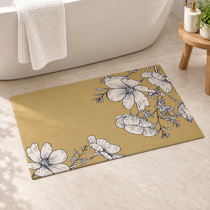 Absorbent Bathroom Mat, Mustard Floral Print Quick Dry Mat (1 Pc, 79.8x39.5 Cm)
