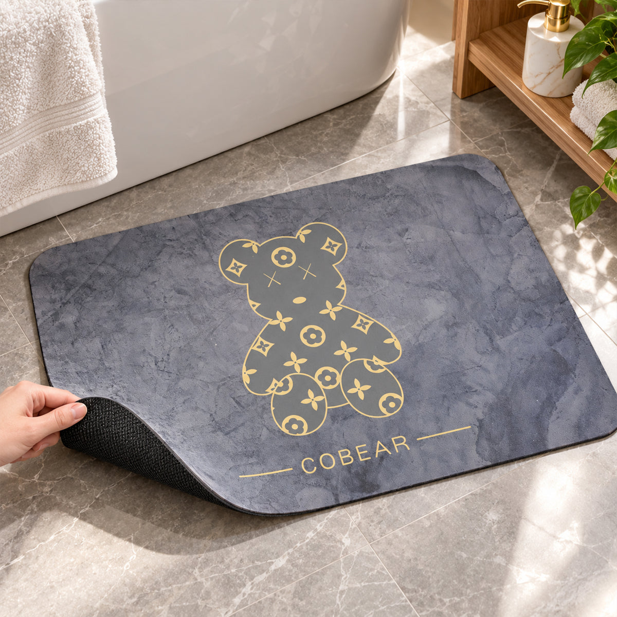 Absorbent Bathroom Mat, Grey Golden Bear Print Quick Dry Mat (1 Pc, 60x40 Cm)