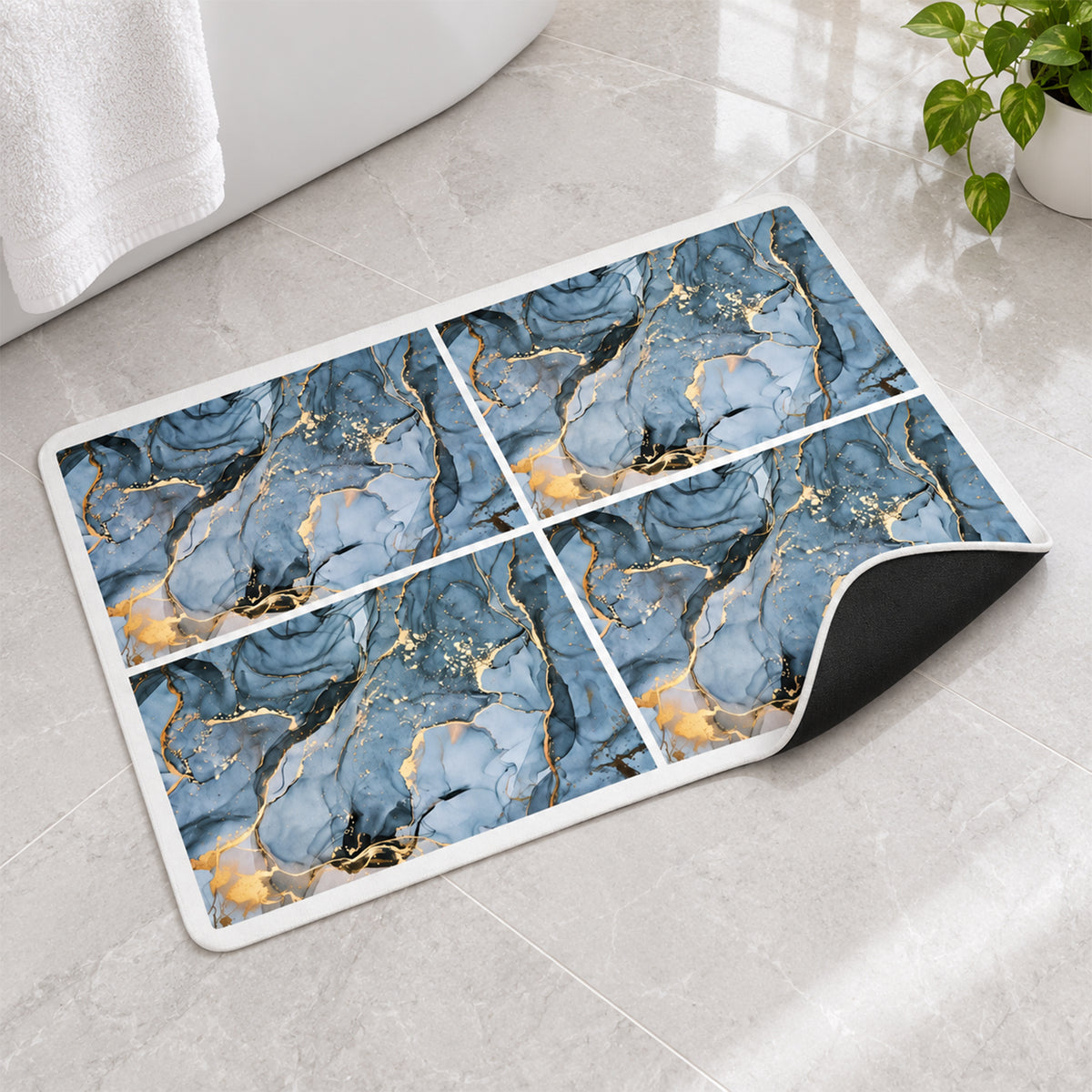 Absorbent Bathroom Mat, Blue Marble Print Quick Dry Mat (1 Pc, 59.5x39.5 Cm)