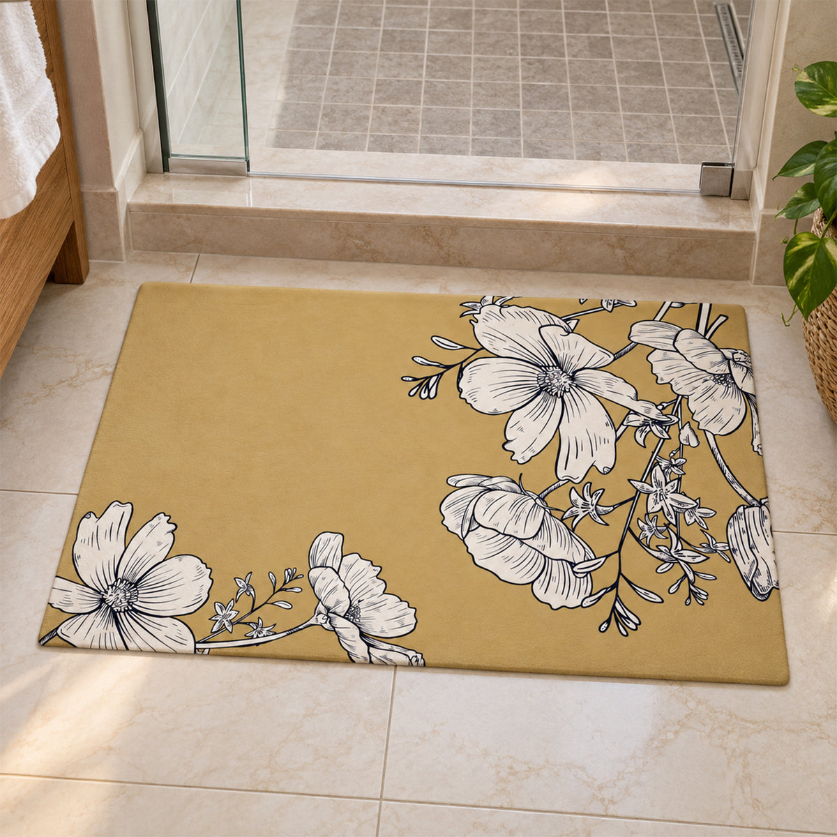 Absorbent Bathroom Mat, Mustard Floral Print Quick Dry Mat (1 Pc, 79.8x39.5 Cm)