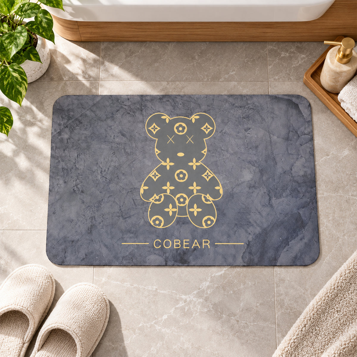 Absorbent Bathroom Mat, Grey Golden Bear Print Quick Dry Mat (1 Pc, 60x40 Cm)