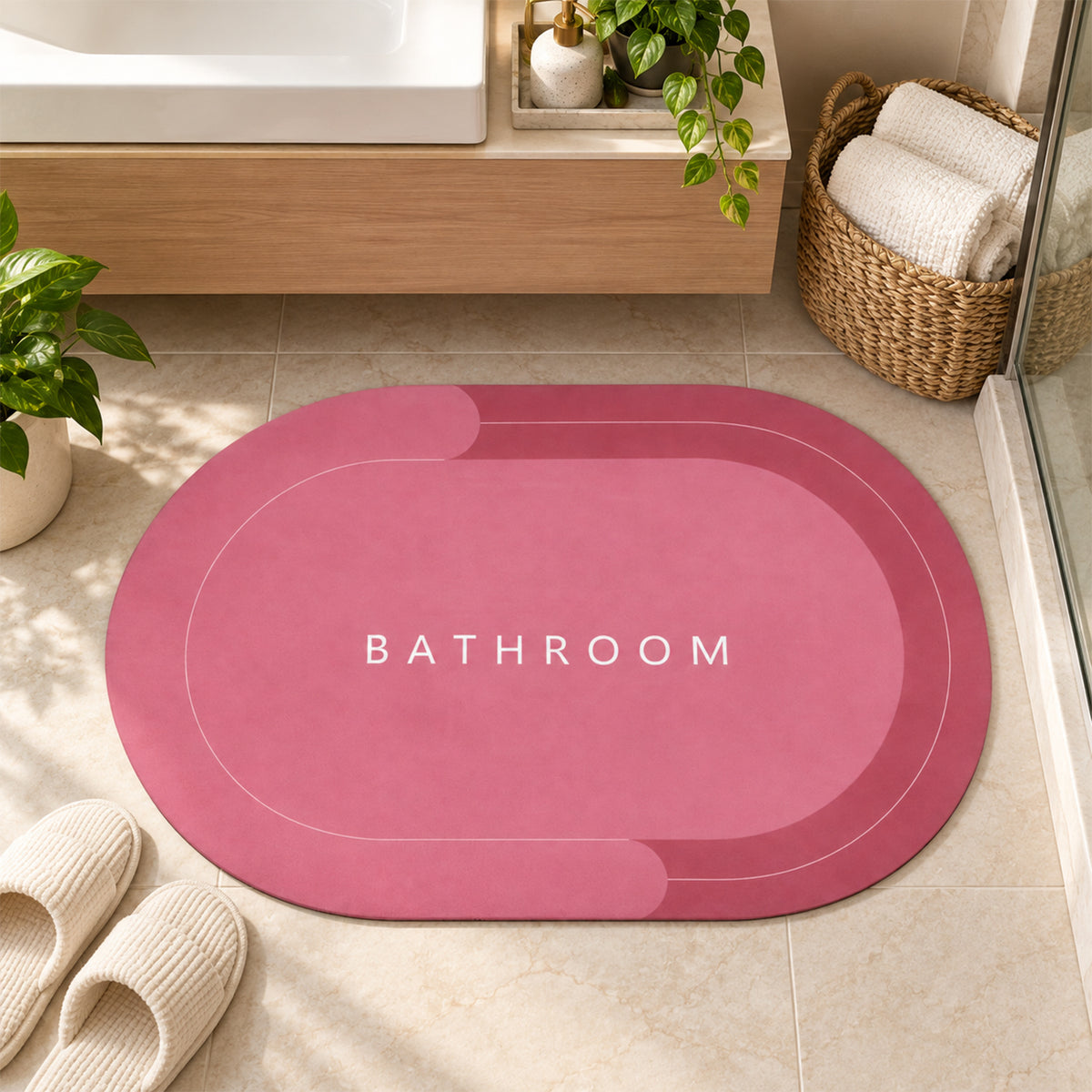 Two-Tone Oval Bathroom Rug, Water Absorbing Anti-Skid Mat (1 Pc, 58.5x39 Cm)