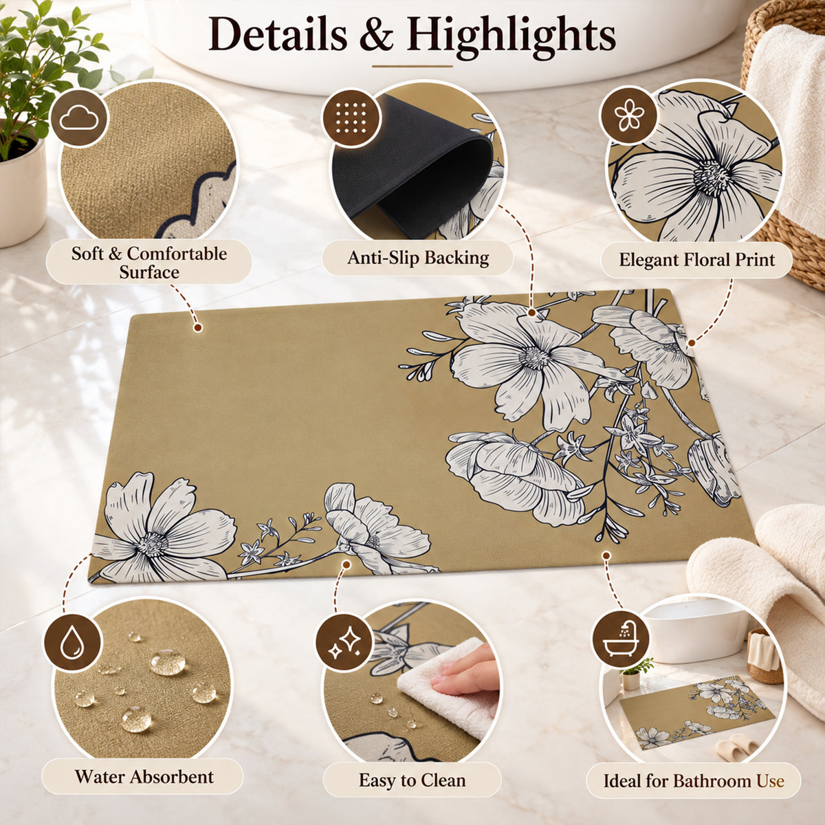 Absorbent Bathroom Mat, Mustard Floral Print Quick Dry Mat (1 Pc, 79.8x39.5 Cm)