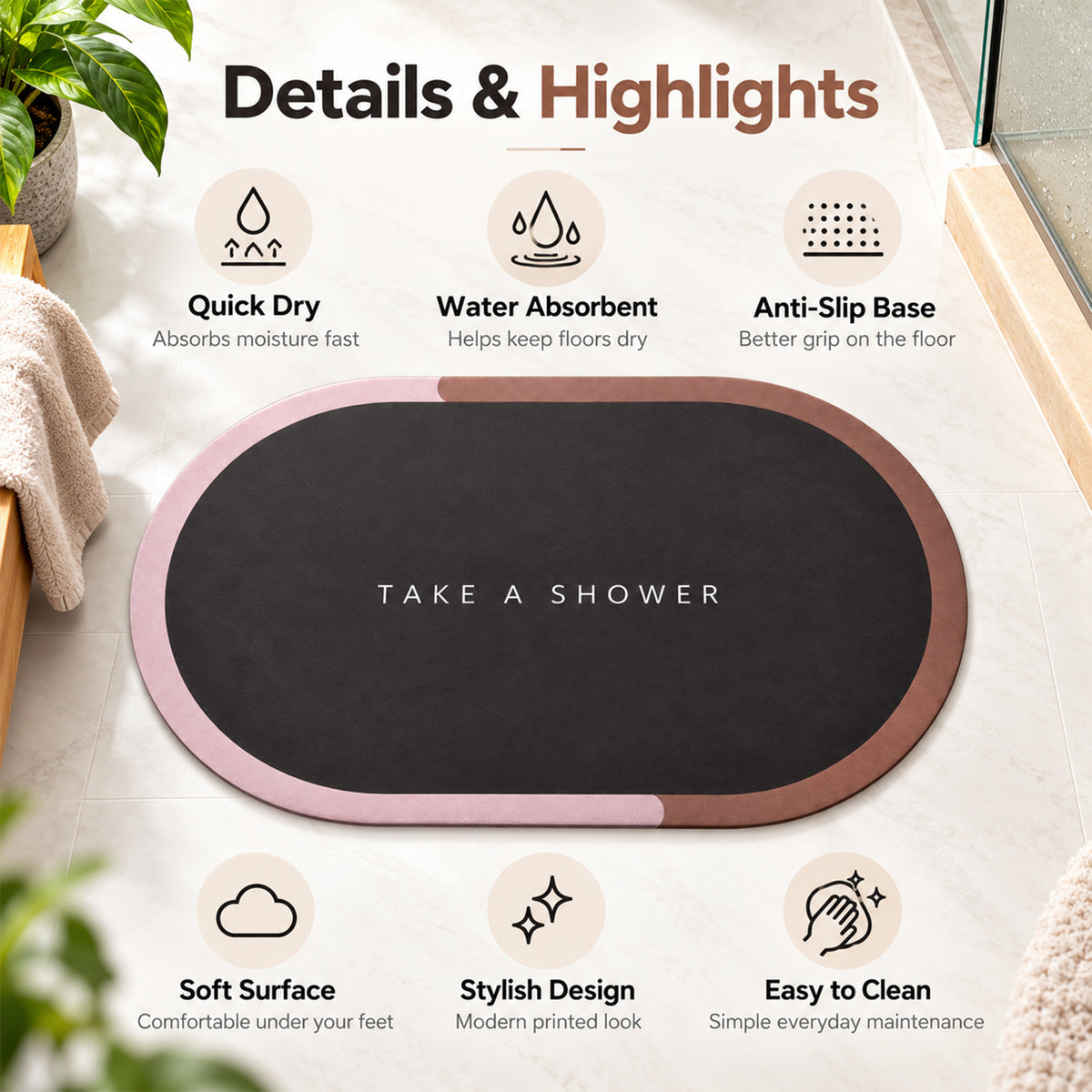 Take A Shower Oval Bath Mat, Anti-Skid Water Soaking Floor Mat (1 Pc, 56x37 Cm)