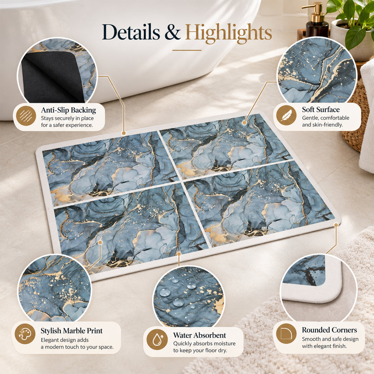 Absorbent Bathroom Mat, Blue Marble Print Quick Dry Mat (1 Pc, 59.5x39.5 Cm)