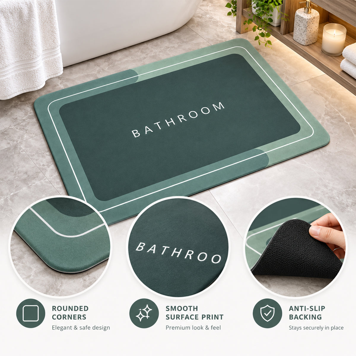 Super Absorbent Bathroom Mat 57x37 Cm, Quick Dry Non-Slip Bath Mat, Green (1 Pc)
