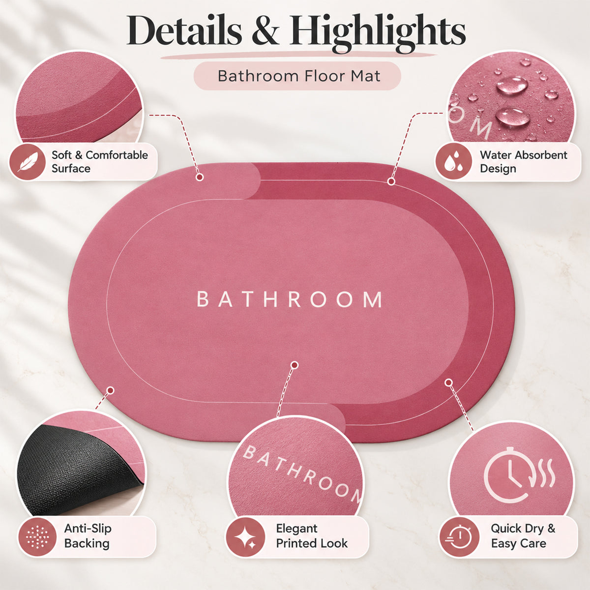 Two-Tone Oval Bathroom Rug, Water Absorbing Anti-Skid Mat (1 Pc, 58.5x39 Cm)