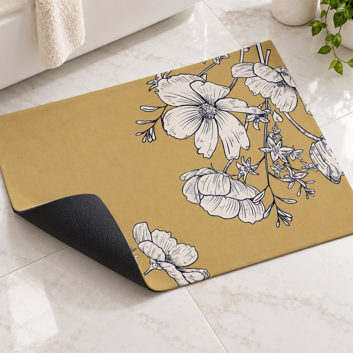 Absorbent Bathroom Mat, Mustard Floral Print Quick Dry Mat (1 Pc, 79.8x39.5 Cm)