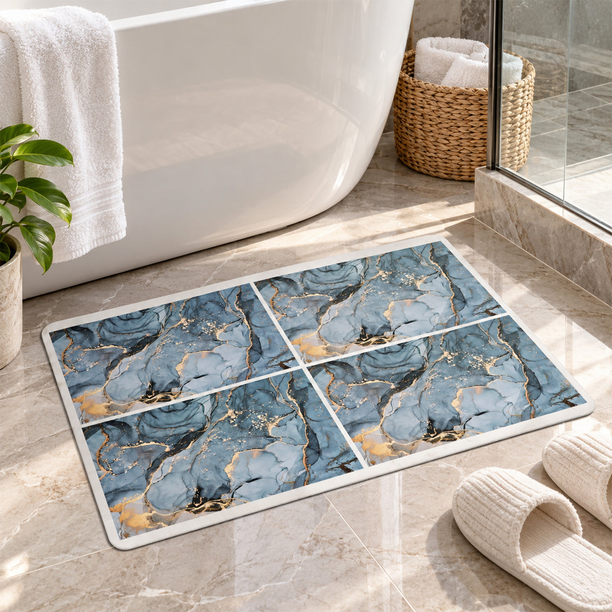 Absorbent Bathroom Mat, Blue Marble Print Quick Dry Mat (1 Pc, 59.5x39.5 Cm)
