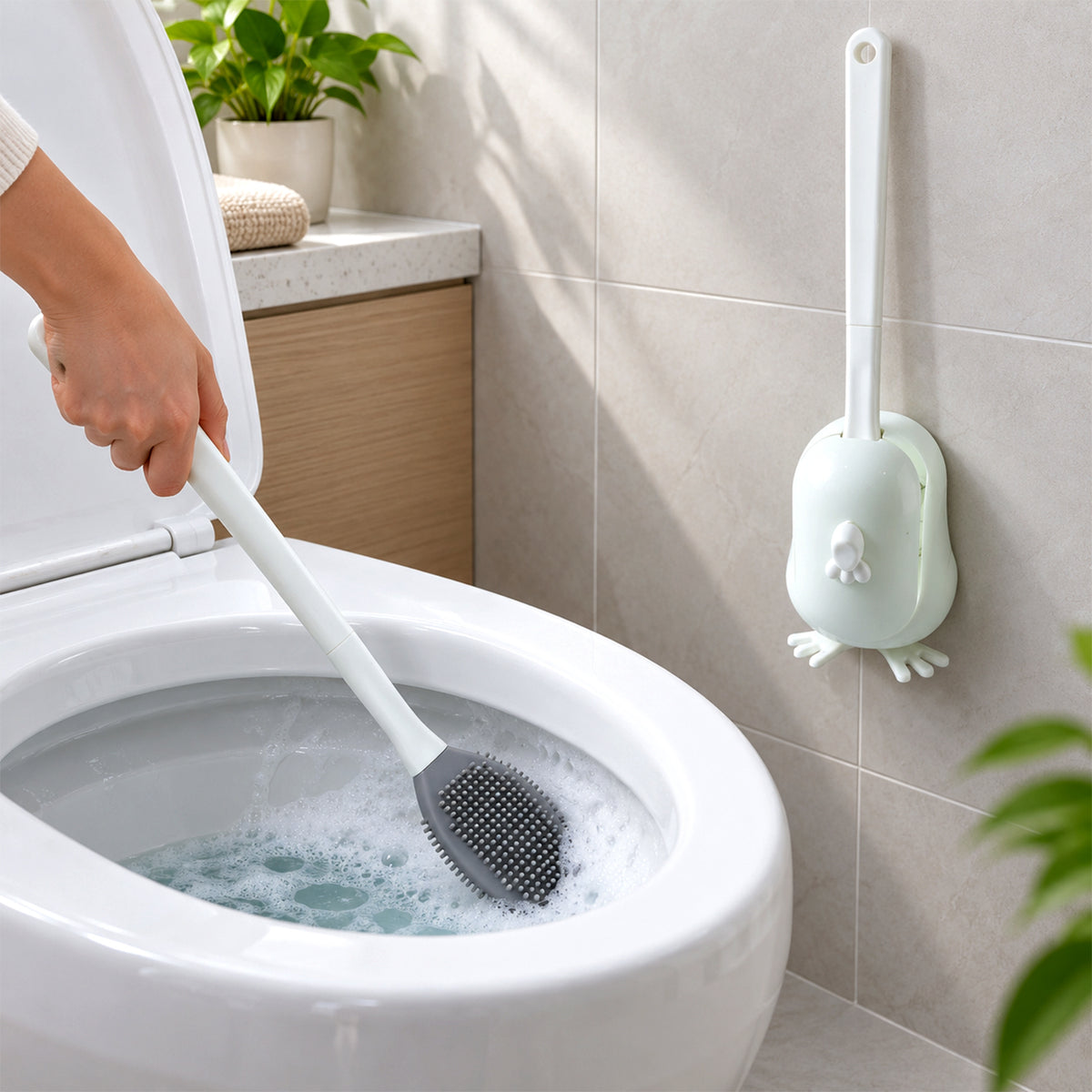 Toilet Cleaning Brush Set with Silicone Bristles and Wall Mounted Storage Holder