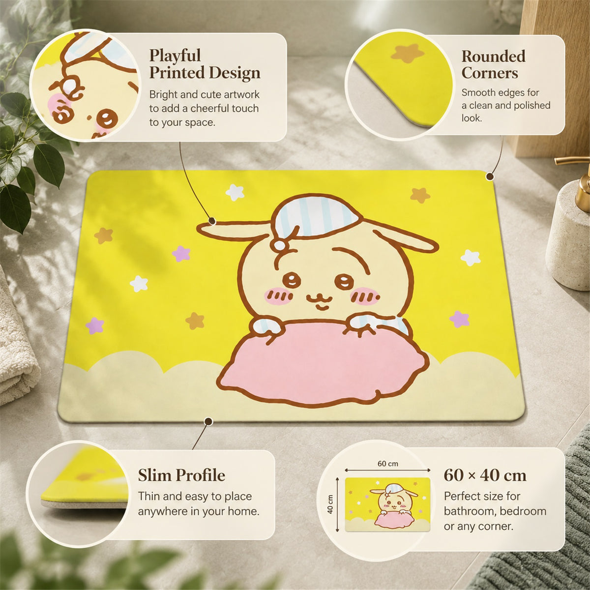 Absorbent Bathroom Mat, Cute Cartoon Bunny Print Quick Dry Mat (1 Pc, 60x40 Cm)