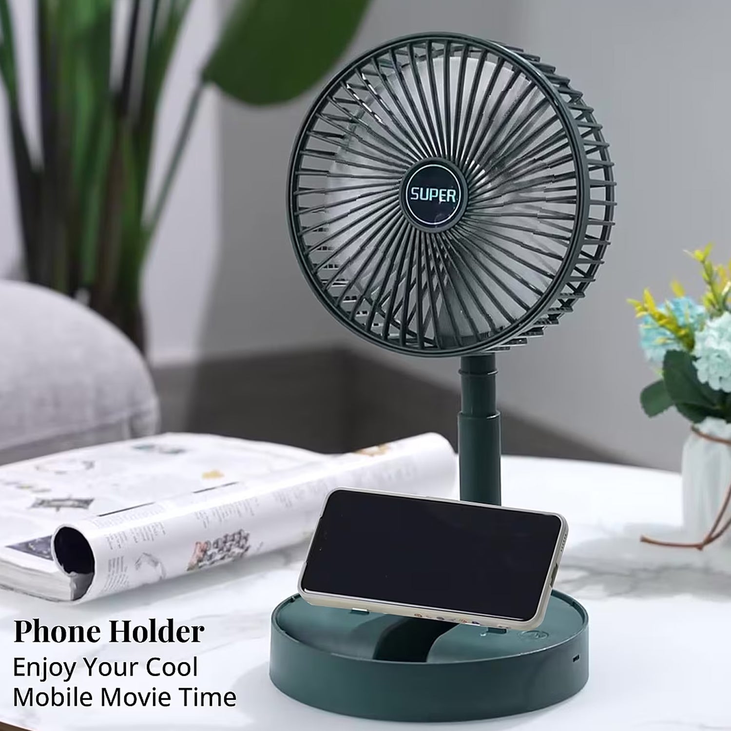 Rechargeable Desktop Table Fan Mobile Phone Holder (1 Pc)
