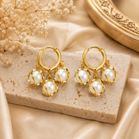 Luxury Imitation Jewellery Golden Finish Caged Pearl Huggie Hoop Earrings for Women | Triple Stone Drop Dangle Earrings